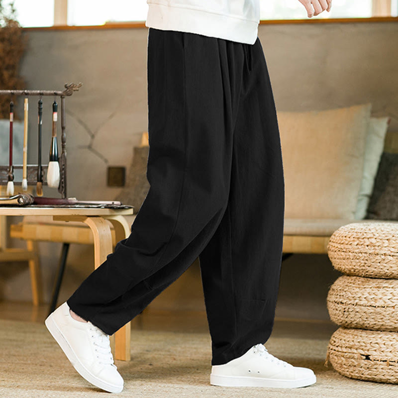 Buddha Stones Solid Color Cotton Linen Drawstring Men's Harem Pants With Pockets - image 13