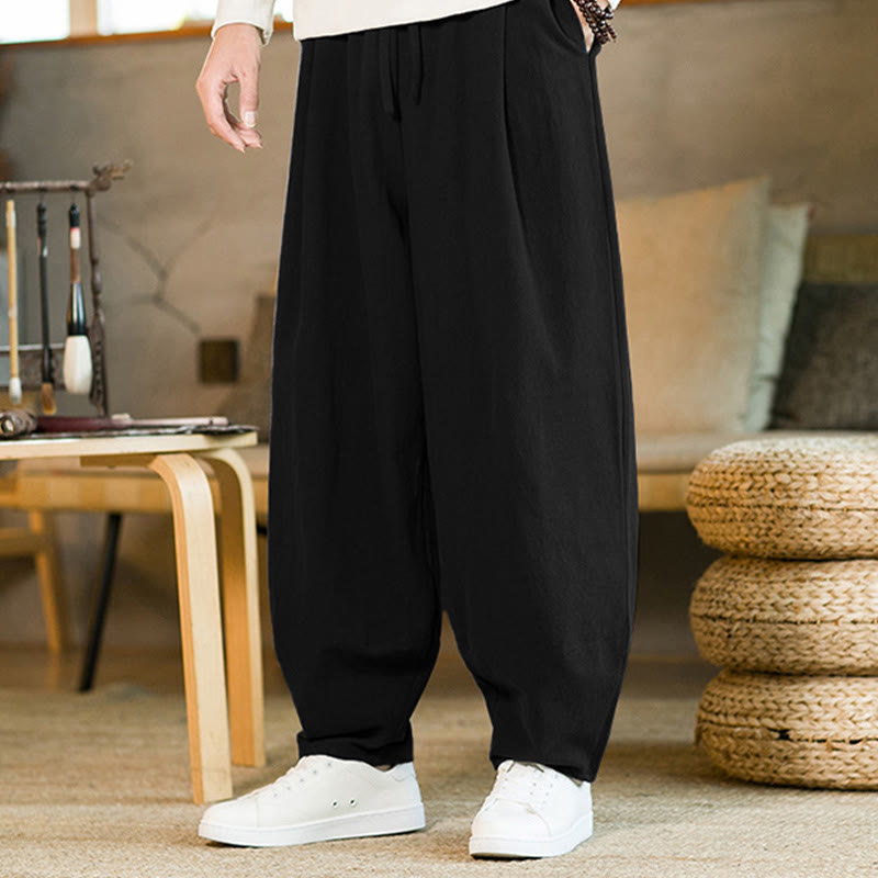 Buddha Stones Solid Color Cotton Linen Drawstring Men's Harem Pants With Pockets