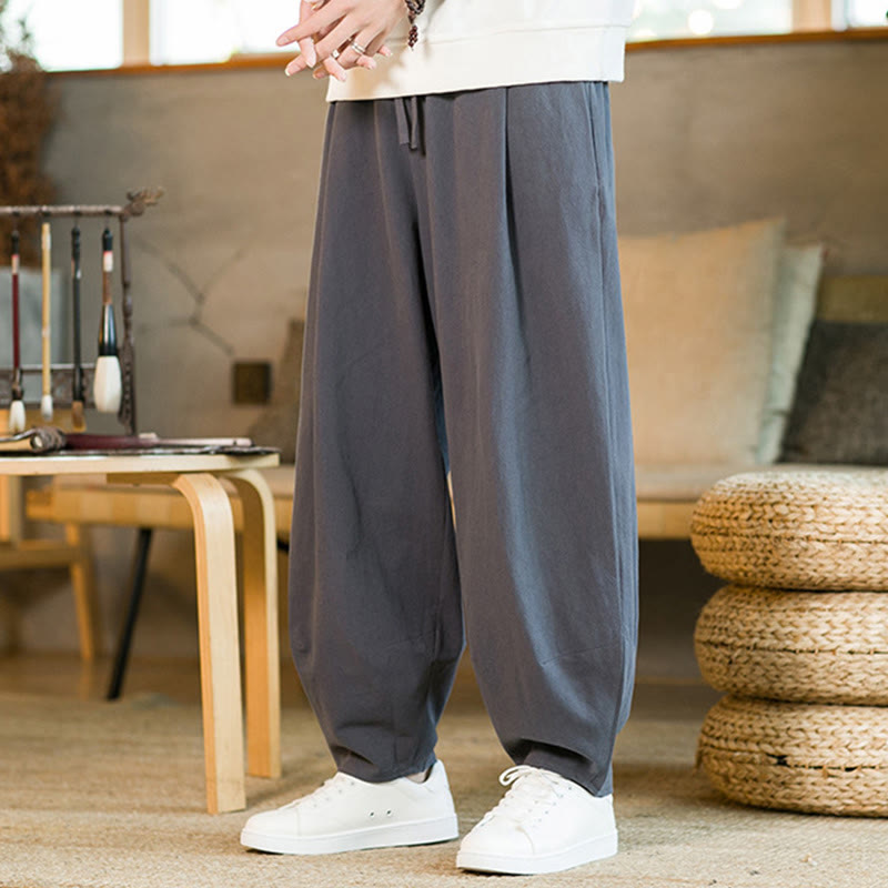 Buddha Stones Solid Color Cotton Linen Drawstring Men's Harem Pants With Pockets - image 34