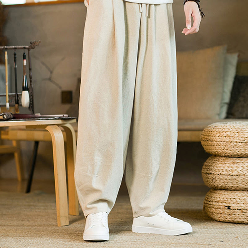 Buddha Stones Solid Color Cotton Linen Drawstring Men's Harem Pants With Pockets