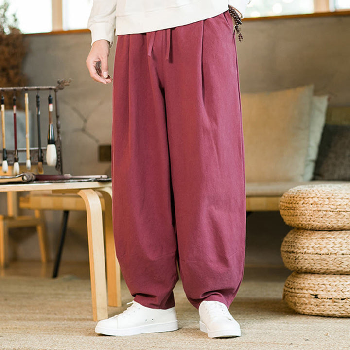 Buddha Stones Solid Color Cotton Linen Drawstring Men's Harem Pants With Pockets