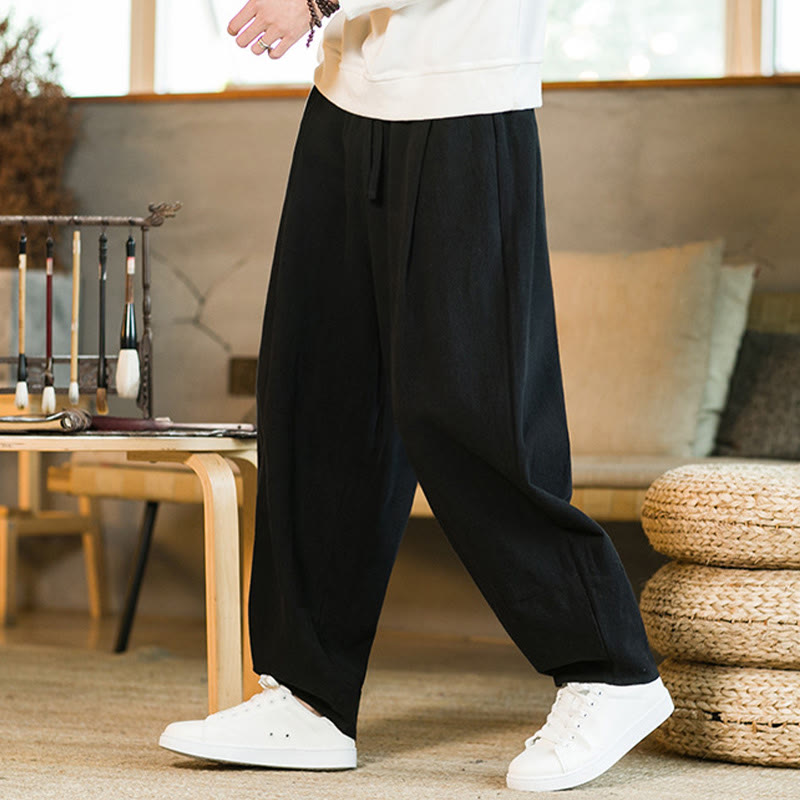 Buddha Stones Solid Color Cotton Linen Drawstring Men's Harem Pants With Pockets - image 15