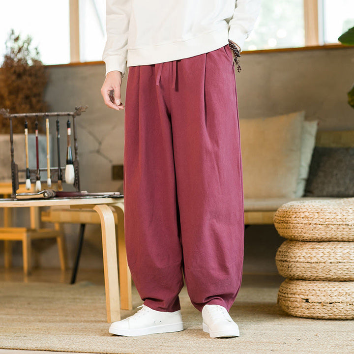 Buddha Stones Solid Color Cotton Linen Drawstring Men's Harem Pants With Pockets