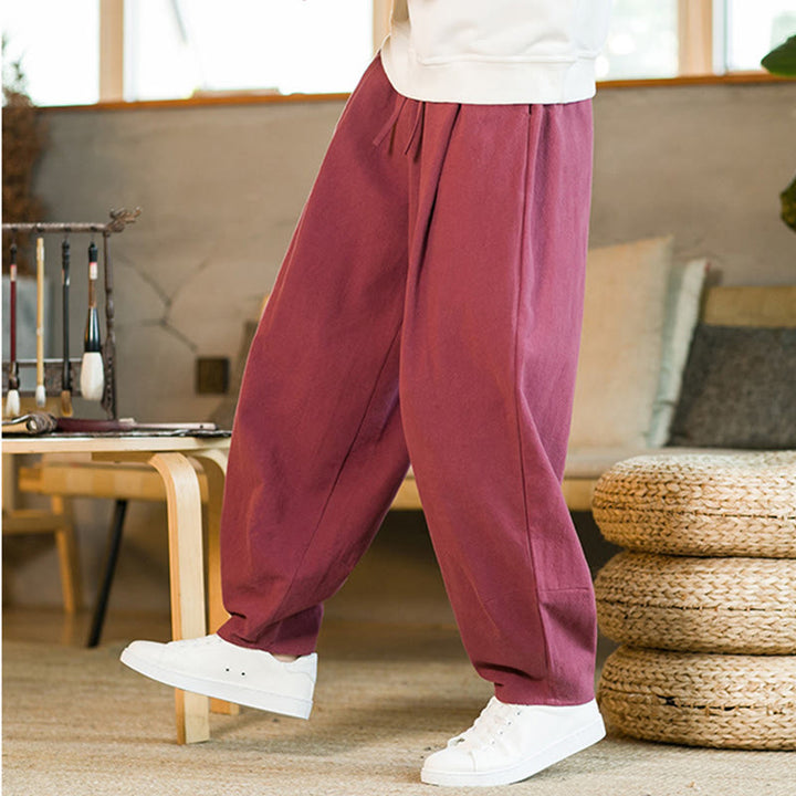 Buddha Stones Solid Color Cotton Linen Drawstring Men's Harem Pants With Pockets - image 8