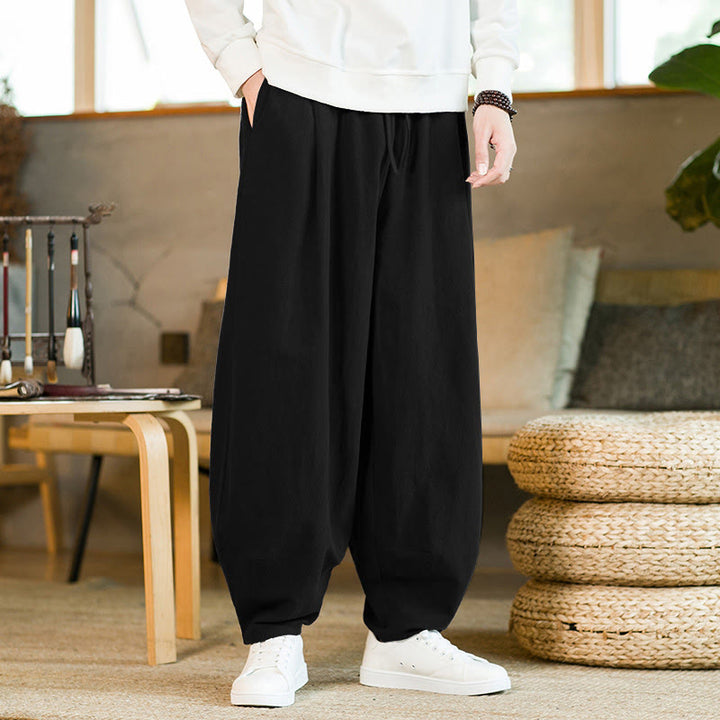 Buddha Stones Solid Color Cotton Linen Drawstring Men's Harem Pants With Pockets