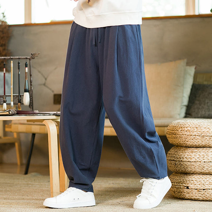 Buddha Stones Solid Color Cotton Linen Drawstring Men's Harem Pants With Pockets - image 3