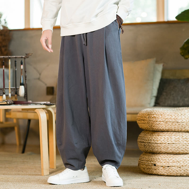 Buddha Stones Solid Color Cotton Linen Drawstring Men's Harem Pants With Pockets - image 33