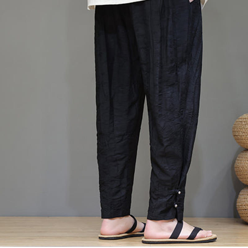 Buddha Stones Bamboo Ankle Frog-button Drawstring Men's Pants With Pockets