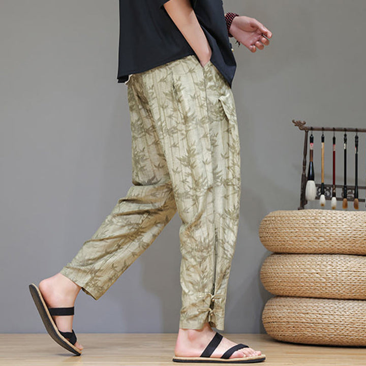 Buddha Stones Bamboo Ankle Frog-button Drawstring Men's Pants With Pockets