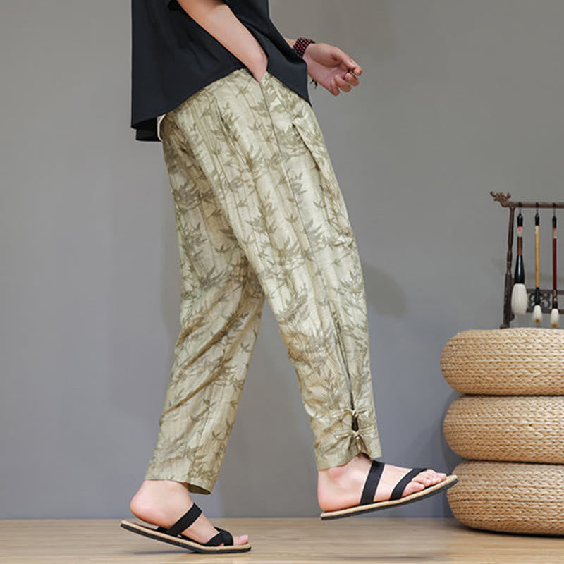 Buddha Stones Bamboo Ankle Frog-button Drawstring Men's Pants With Pockets