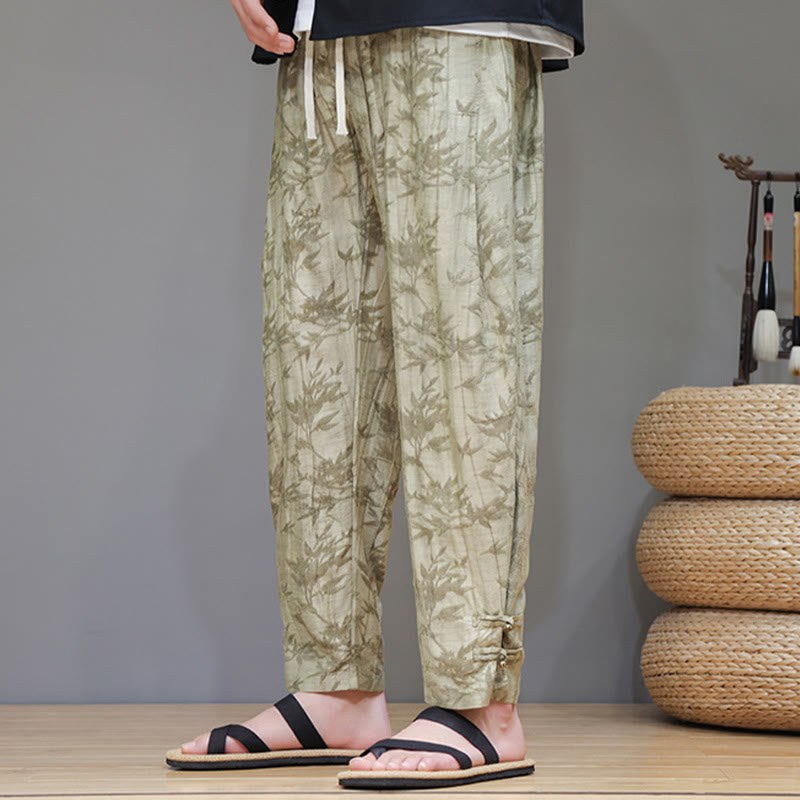 Buddha Stones Bamboo Ankle Frog-button Drawstring Men's Pants With Pockets