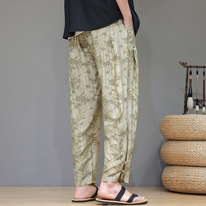 Buddha Stones Bamboo Ankle Frog-button Drawstring Men's Pants With Pockets