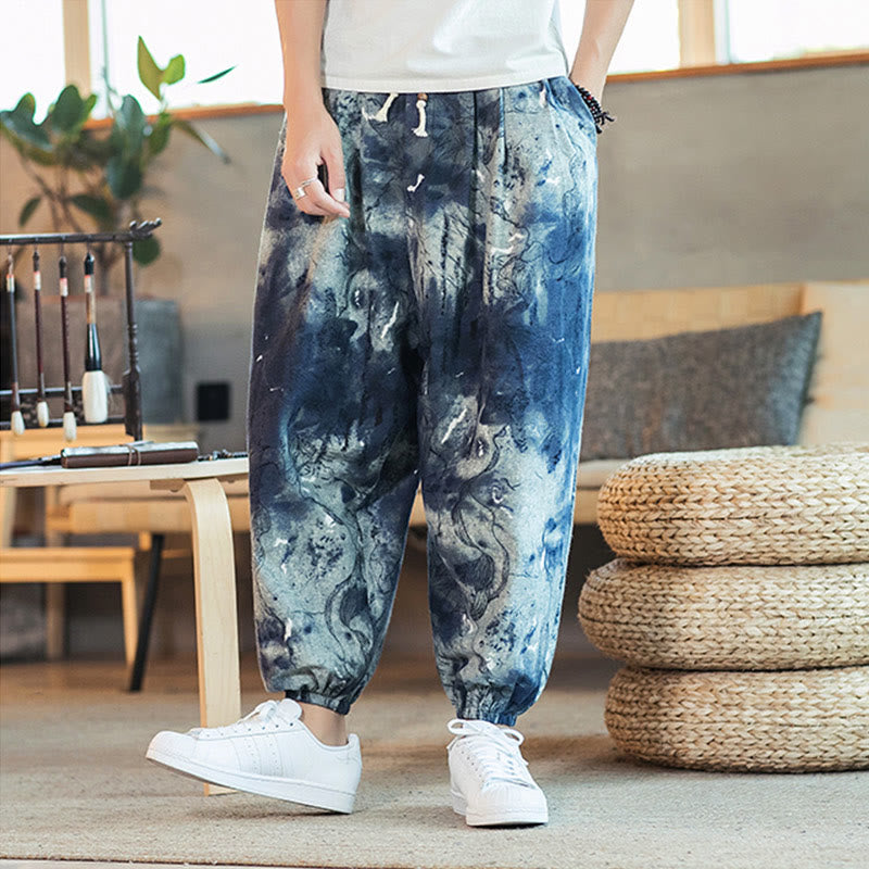 Buddha Stones Blue Ink Gradient Pattern Cotton Linen Drawstring Men's Harem Pants With Pockets