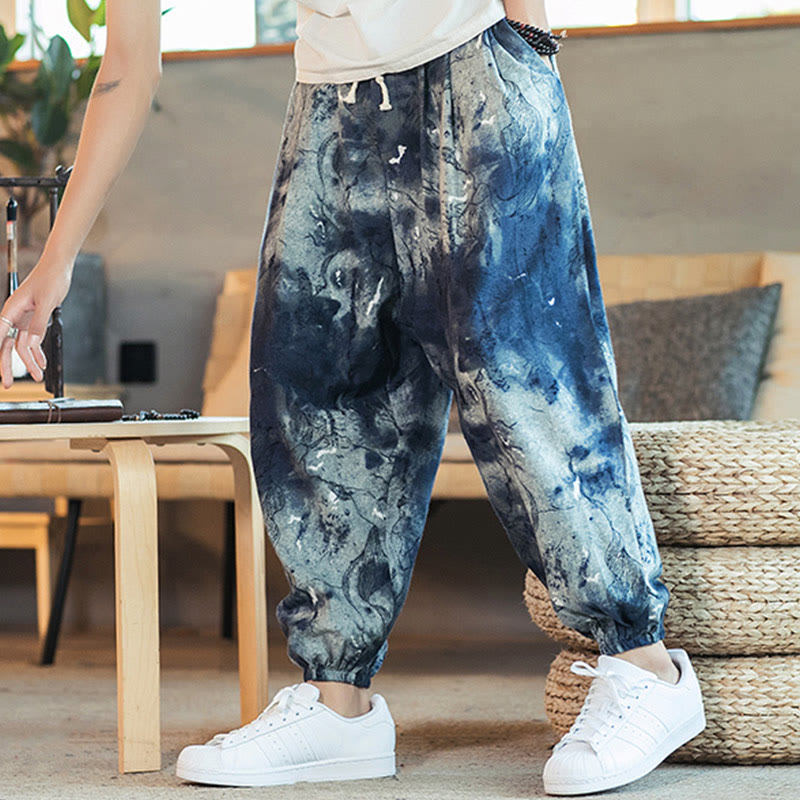 Buddha Stones Blue Ink Gradient Pattern Cotton Linen Drawstring Men's Harem Pants With Pockets