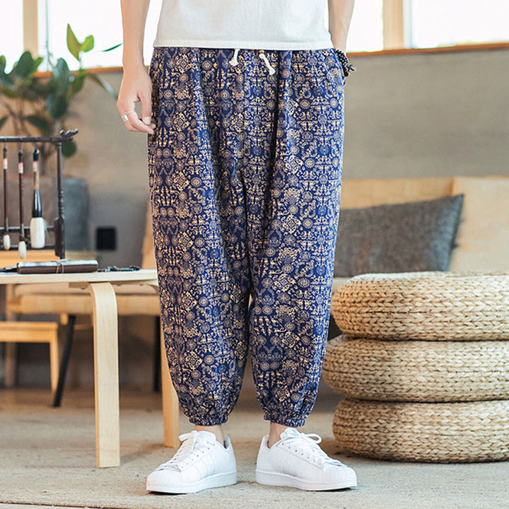 Buddha Stones Golden Mandala Pattern Cotton Linen Drawstring Men's Harem Pants With Pockets - image 5