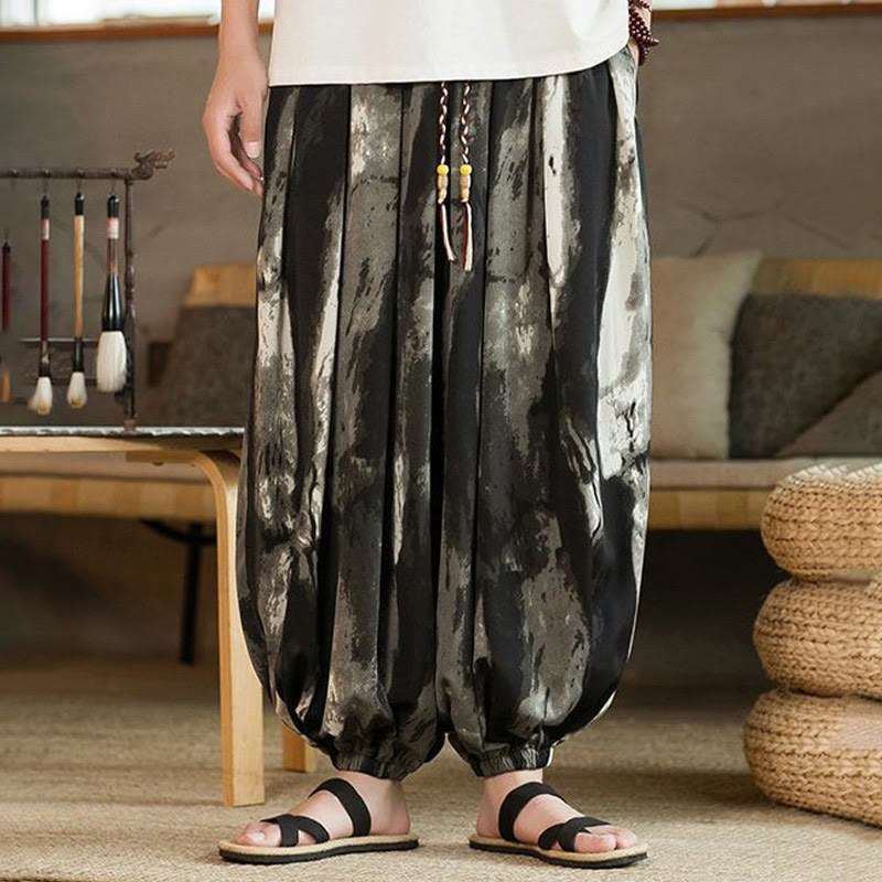 Buddha Stones Black White Ink Gradient Cotton Linen Braided Drawstring Men's Harem Pants With Pockets