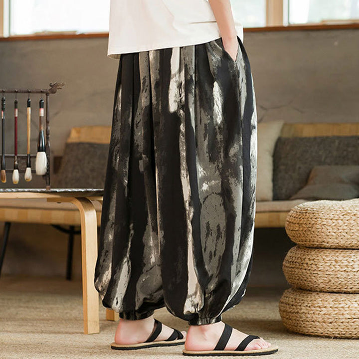 Buddha Stones Black White Ink Gradient Braided Drawstring Men's Harem Pants With Pockets - image 4
