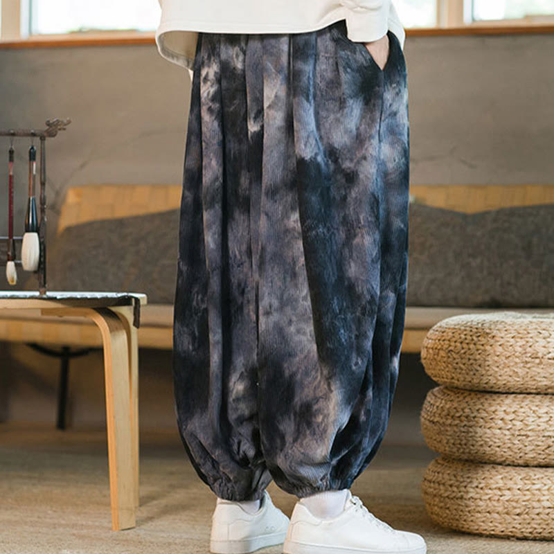 Buddha Stones Ink Tie-dye Braided Drawstring Corduroy Cotton Men's Harem Pants With Pockets