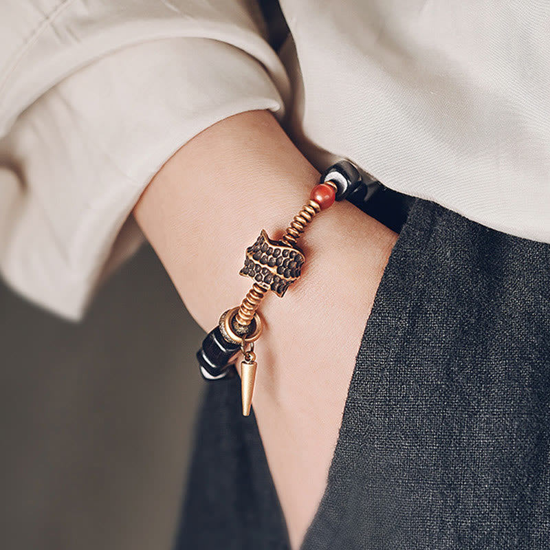 Buddha Stones Ebony Wood Copper Brass Red Agate Peace Bracelet