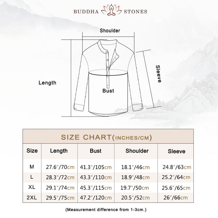 Buddha Stones Solid Color Long Sleeve Half Button Shirt Cotton Linen Men Clothing - image 5