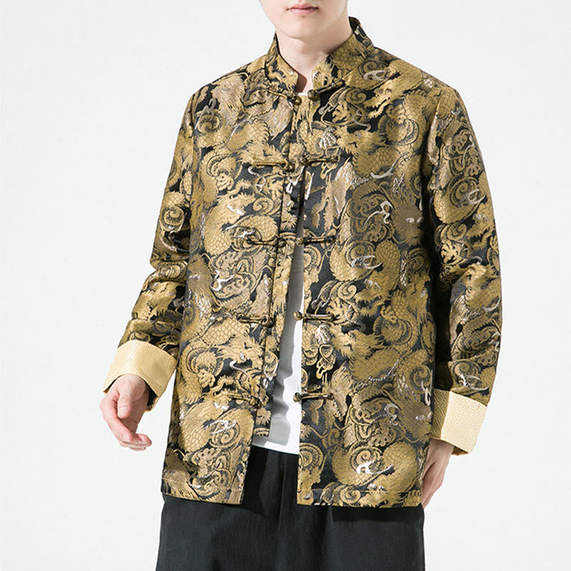 Buddha Stones Chinese Dragon Frog-button Tang Suit Cotton Men's Jacket Shirt  - Gold - US/UK/AU46，EU56 (5XL) - image 0