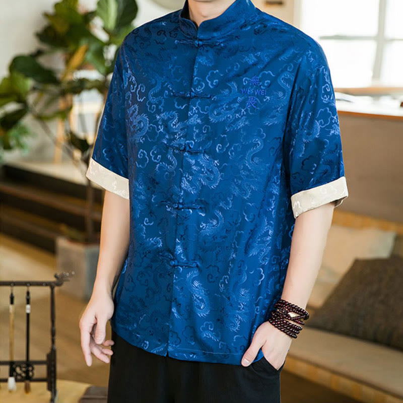 Buddha Stones Chinese Tang Suit Frog-button Dragon Print Men's Half Sleeve Shirts