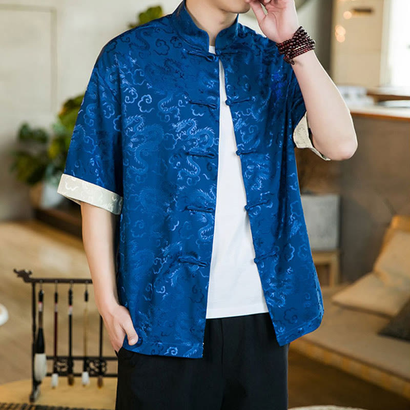 Buddha Stones Chinese Tang Suit Frog-button Dragon Print Men's Half Sleeve Shirts