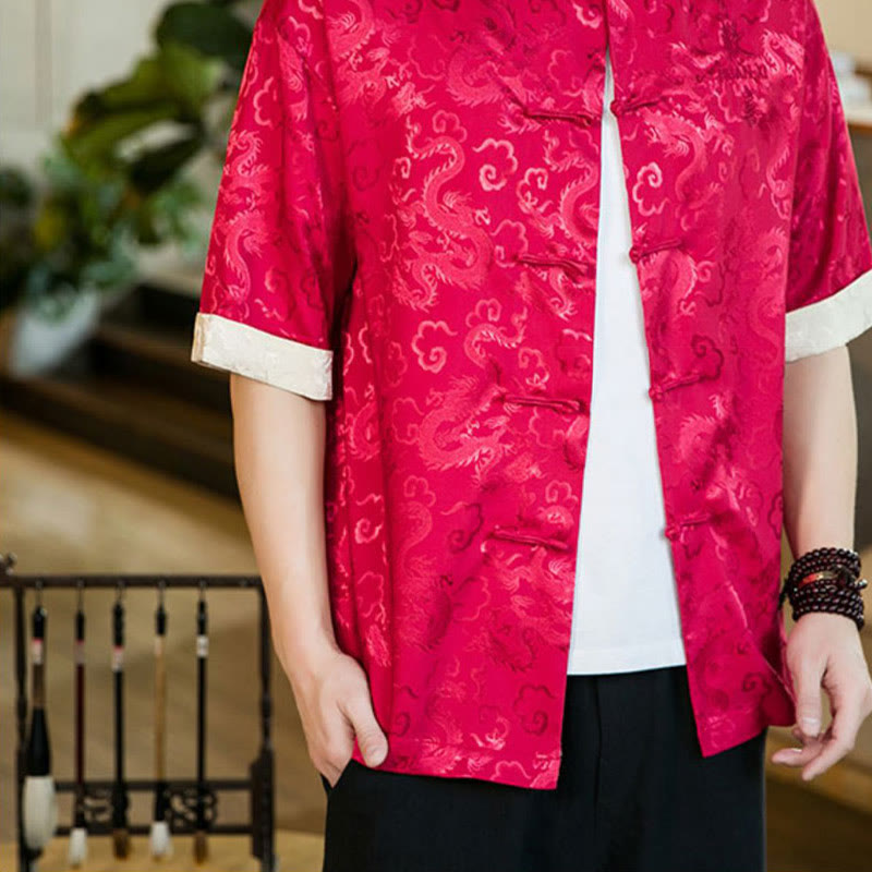 Buddha Stones Chinese Tang Suit Frog-button Dragon Print Men's Half Sleeve Shirts