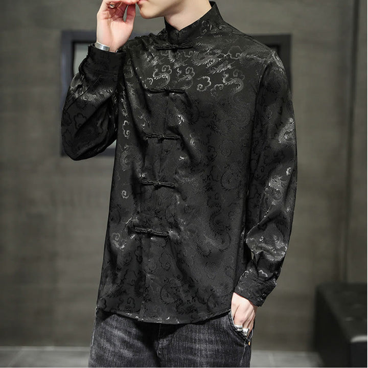 Buddha Stones Casual Dragon Pattern Frog-button Tang Suit Linen Men's Jacket Shirt - image 35