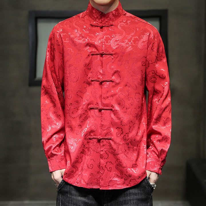 Buddha Stones Casual Dragon Pattern Frog-button Tang Suit Linen Men's Jacket Shirt