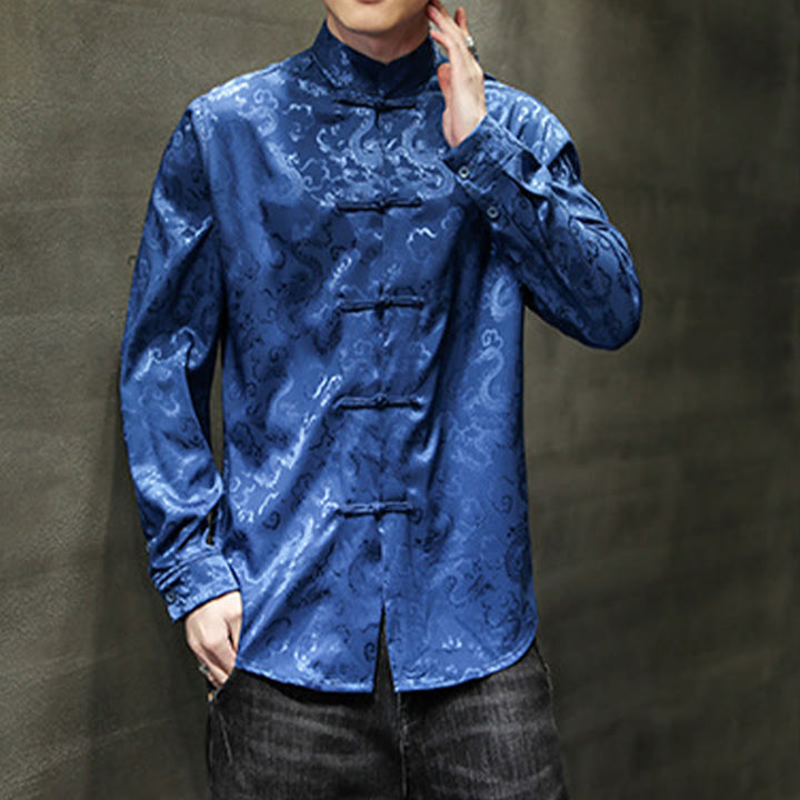 Buddha Stones Casual Dragon Pattern Frog-button Tang Suit Linen Men's Jacket Shirt