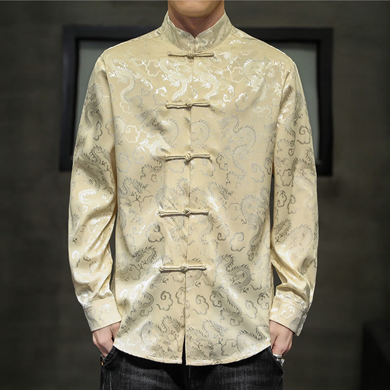 Buddha Stones Casual Dragon Pattern Frog-button Tang Suit Linen Men's Jacket Shirt