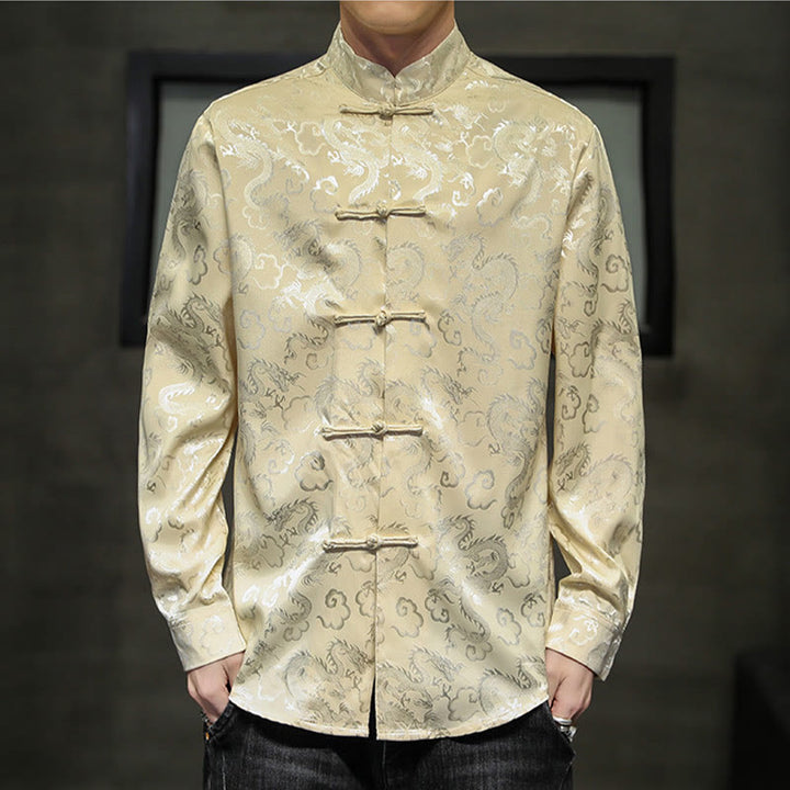 Buddha Stones Casual Dragon Pattern Frog-button Tang Suit Linen Men's Jacket Shirt