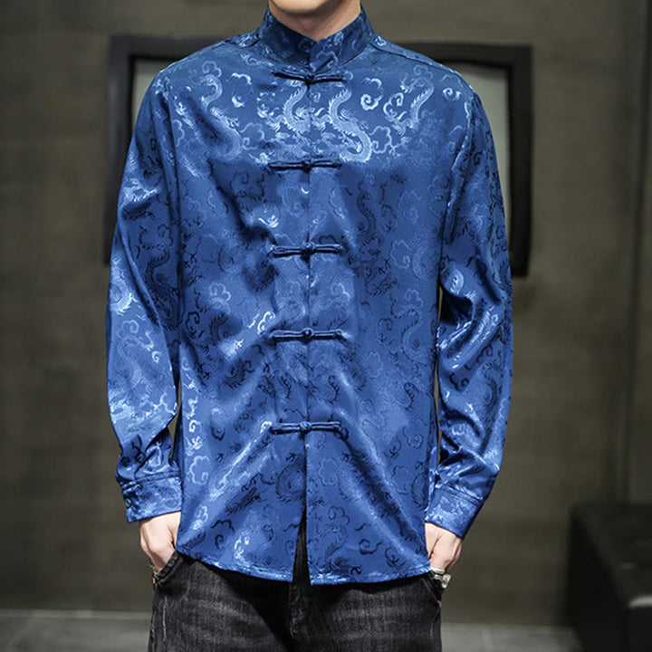 Buddha Stones Casual Dragon Pattern Frog-button Tang Suit Linen Men's Jacket Shirt - Blue - US/UK/AU46，EU56 (5XL) - image 0