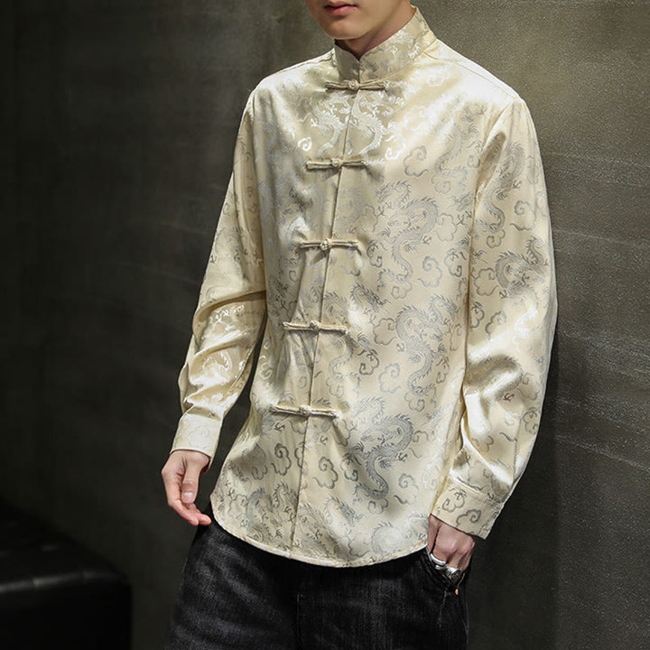 Buddha Stones Casual Dragon Pattern Frog-button Tang Suit Linen Men's Jacket Shirt - image 43