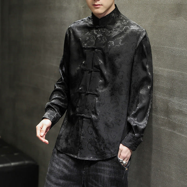 Buddha Stones Casual Dragon Pattern Frog-button Tang Suit Linen Men's Jacket Shirt - image 33