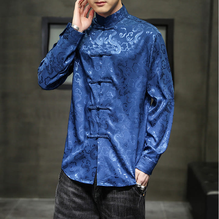 Buddha Stones Casual Dragon Pattern Frog-button Tang Suit Linen Men's Jacket Shirt - image 6