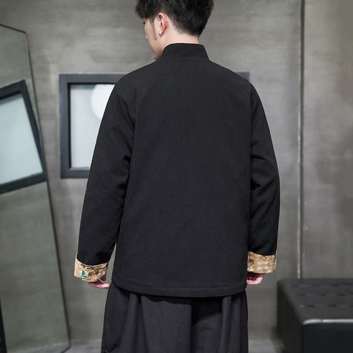 Buddha Stones Plum Blossom Embroidery Cuff Flower Design Frog-button Tang Suit Cotton Linen Men's Jacket Shirt  - image 4