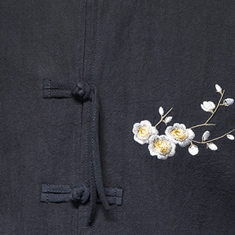 Buddha Stones Plum Blossom Embroidery Cuff Flower Design Frog-button Tang Suit Cotton Linen Men's Jacket Shirt  - image 10