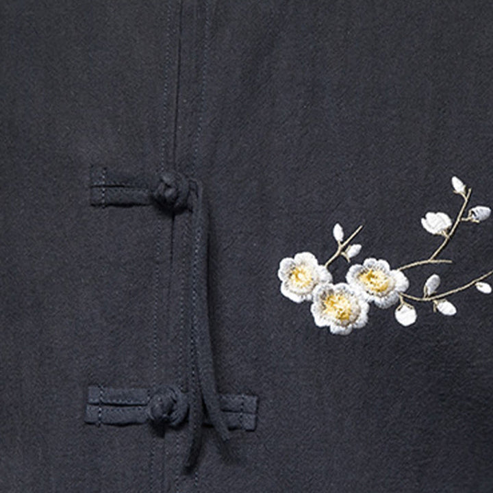 Buddha Stones Plum Blossom Embroidery Cuff Flower Design Frog-button Tang Suit Cotton Linen Men's Jacket Shirt  - image 10
