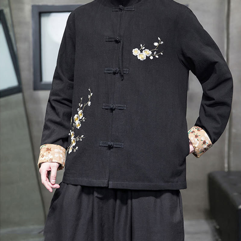 Buddha Stones Plum Blossom Embroidery Cuff Flower Design Frog-button Tang Suit Cotton Linen Men's Jacket Shirt  - image 2