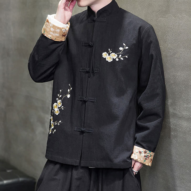 Buddha Stones Plum Blossom Embroidery Cuff Flower Design Frog-button Tang Suit Cotton Linen Men's Jacket Shirt