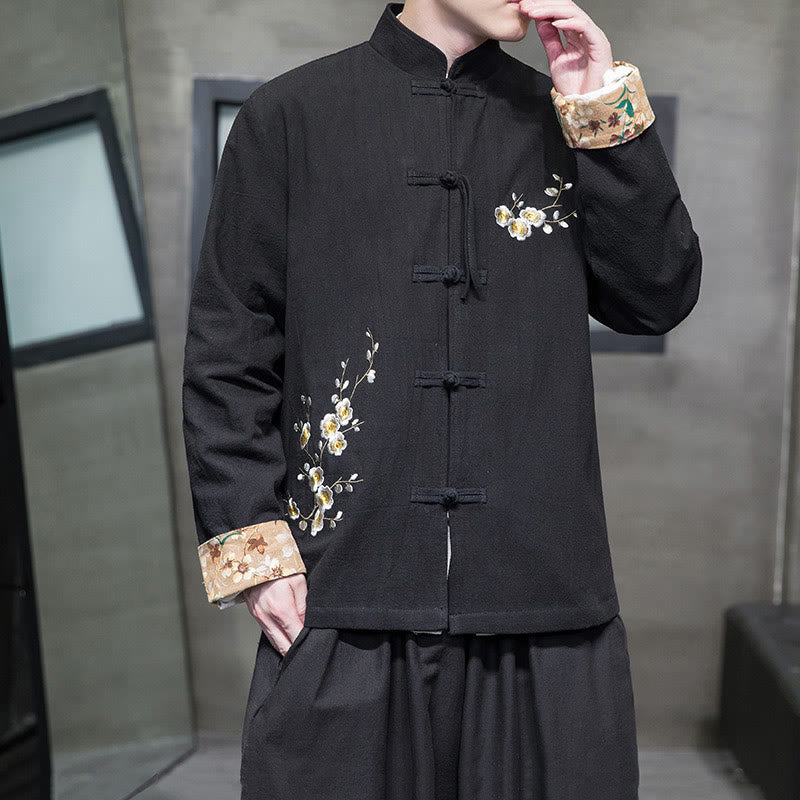 Buddha Stones Plum Blossom Embroidery Cuff Flower Design Frog-button Tang Suit Cotton Linen Men's Jacket Shirt