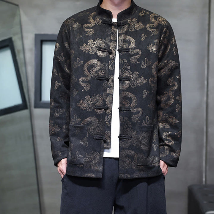 Buddha Stones Chinese Dragon Frog-button Tang Suit Cotton Men's Jacket Shirt With Pockets