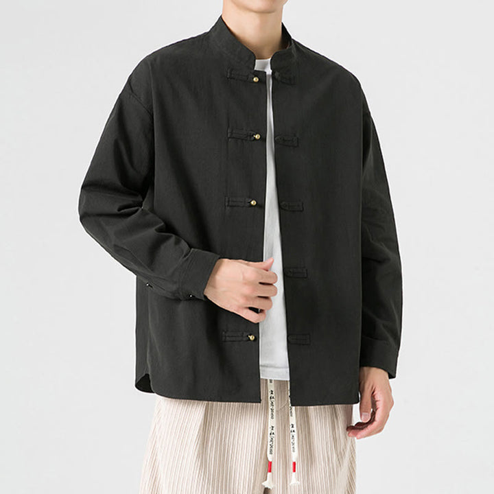 Buddha Stones Solid Color Frog-button Tang Suit Cotton Men's Jacket Shirt  - image 2