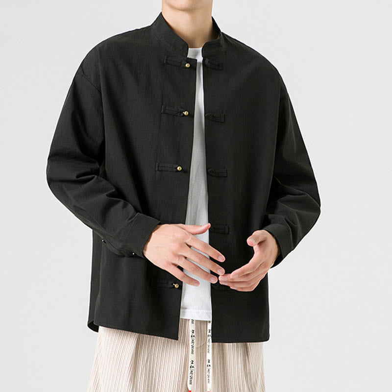 Buddha Stones Solid Color Frog-button Tang Suit Cotton Men's Jacket Shirt  - image 5