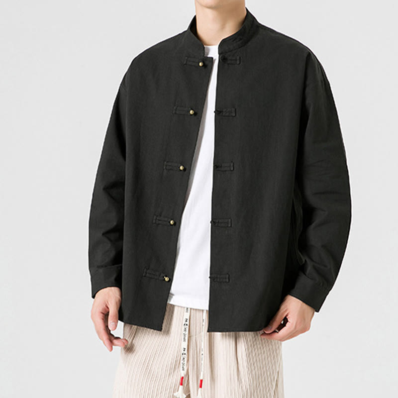 Buddha Stones Solid Color Frog-button Tang Suit Cotton Men's Jacket Shirt  - image 3