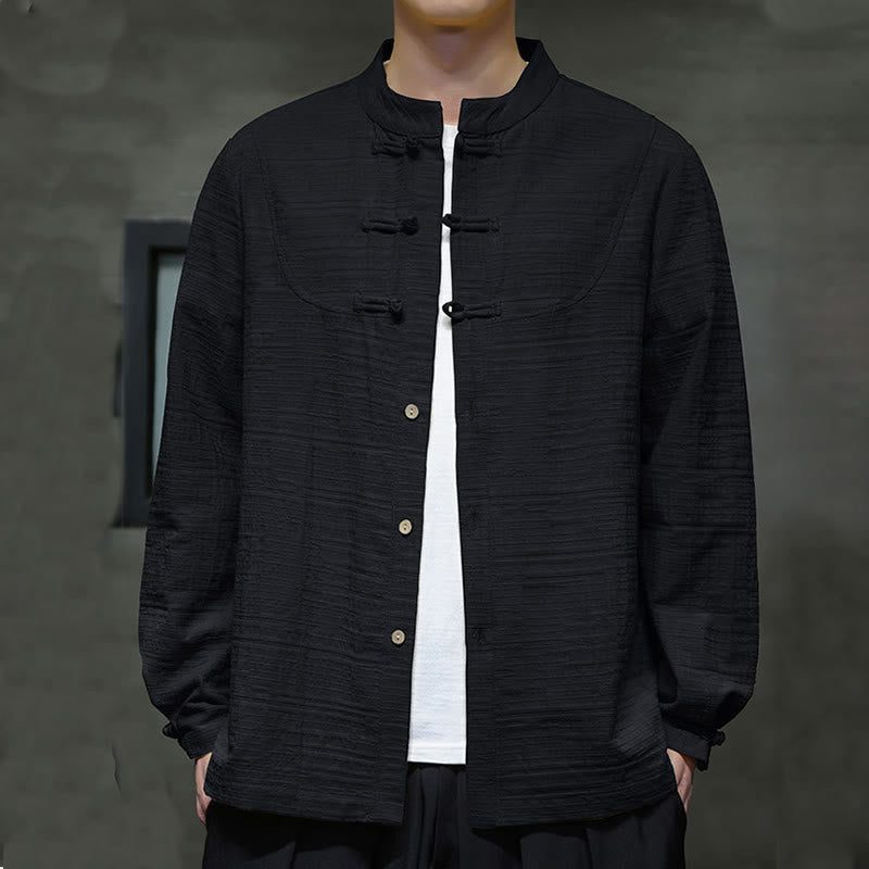 Buddha Stones Solid Color Half Frog-button Tang Suit Cotton Linen Men's Jacket Shirt  - Black - US/UK/AU46，EU56 (5XL) - image 20