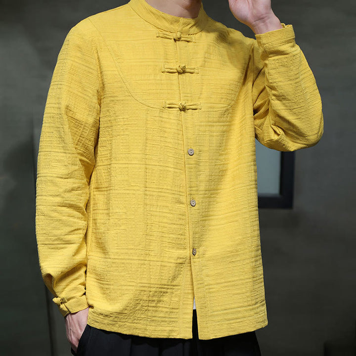 Buddha Stones Solid Color Half Frog-button Tang Suit Cotton Linen Men's Jacket Shirt  - image 26