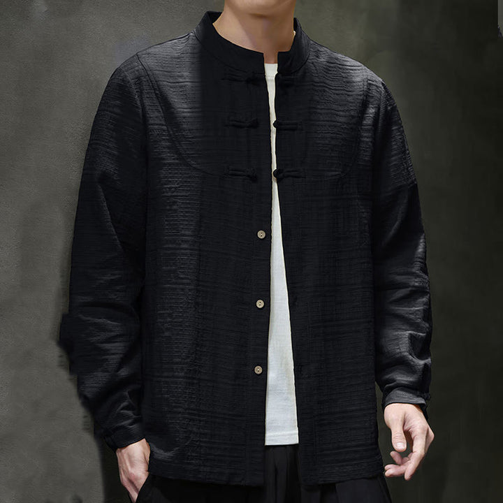 Buddha Stones Solid Color Half Frog-button Tang Suit Cotton Linen Men's Jacket Shirt  - image 22